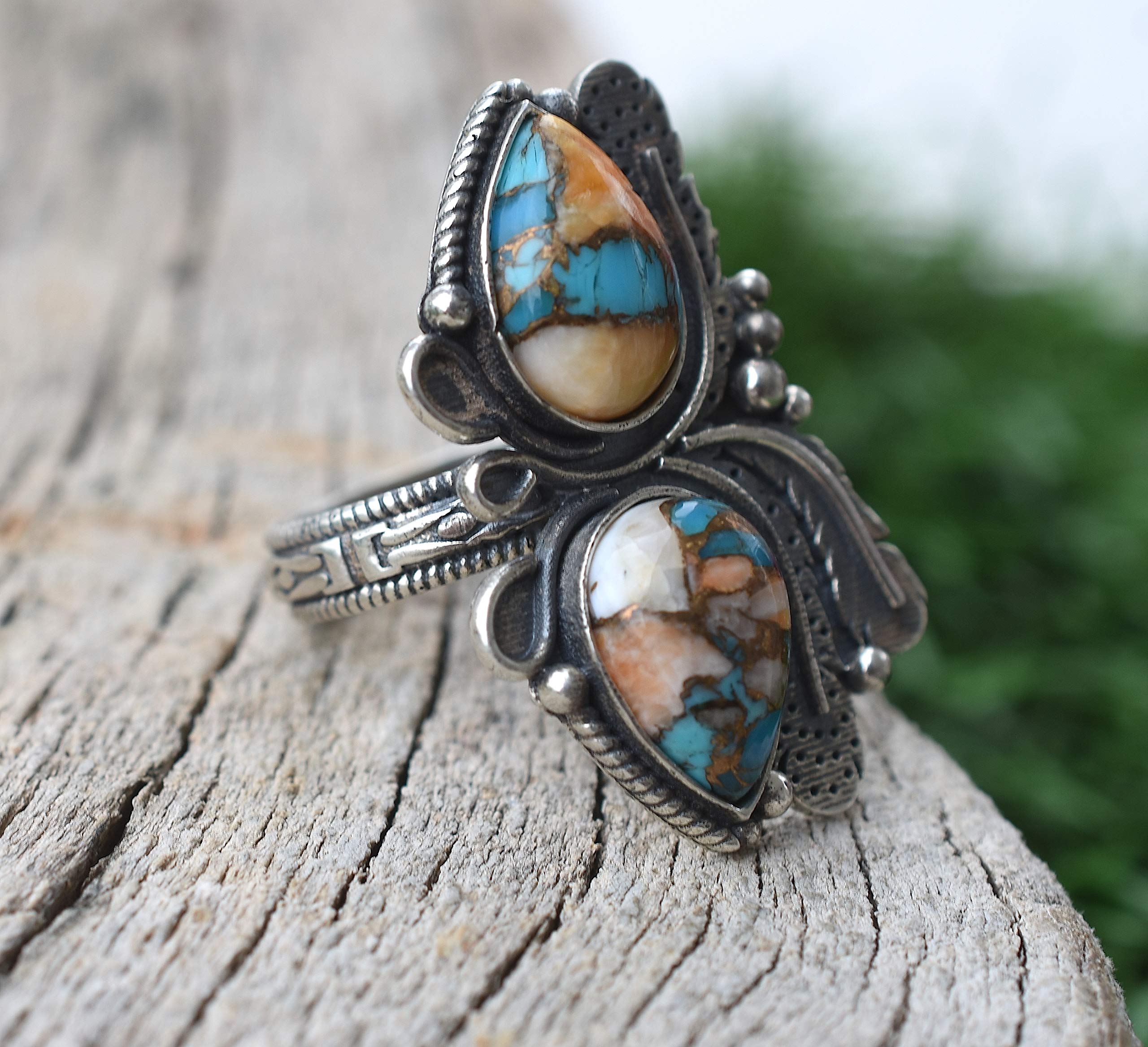 Vintage Handmade 925 Sterling Silver Oyster Copper Turquoise Ring - Boho Hippie Jewelry, Spiny Turquoise Birthstone Ring for Women - Perfect Birthday Gift, Wedding, Party & Everyday Wear - TQ-05