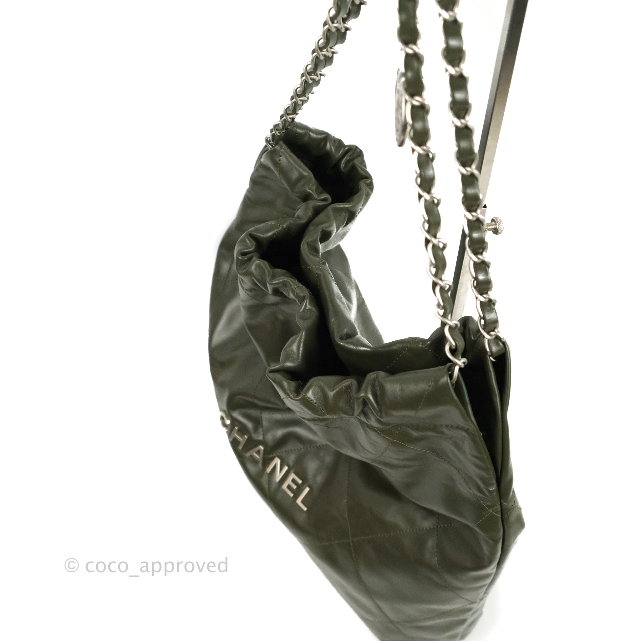 Chanel 22 Medium Handbag in Army Green Shiny Calfskin Leather with Ruthenium Hardware - Luxury Crossbody Bag for Women, Perfect for Work, Travel & Evening Events