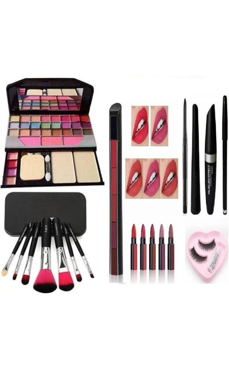 SEINON'S 7-Piece Black Makeup Brush Set with 3-in-1 Combo - 36H Long Lasting Eyeliner, Kajal, Compact & Lipstick - Perfect for Professional Makeup Artists & Daily Beauty Routine