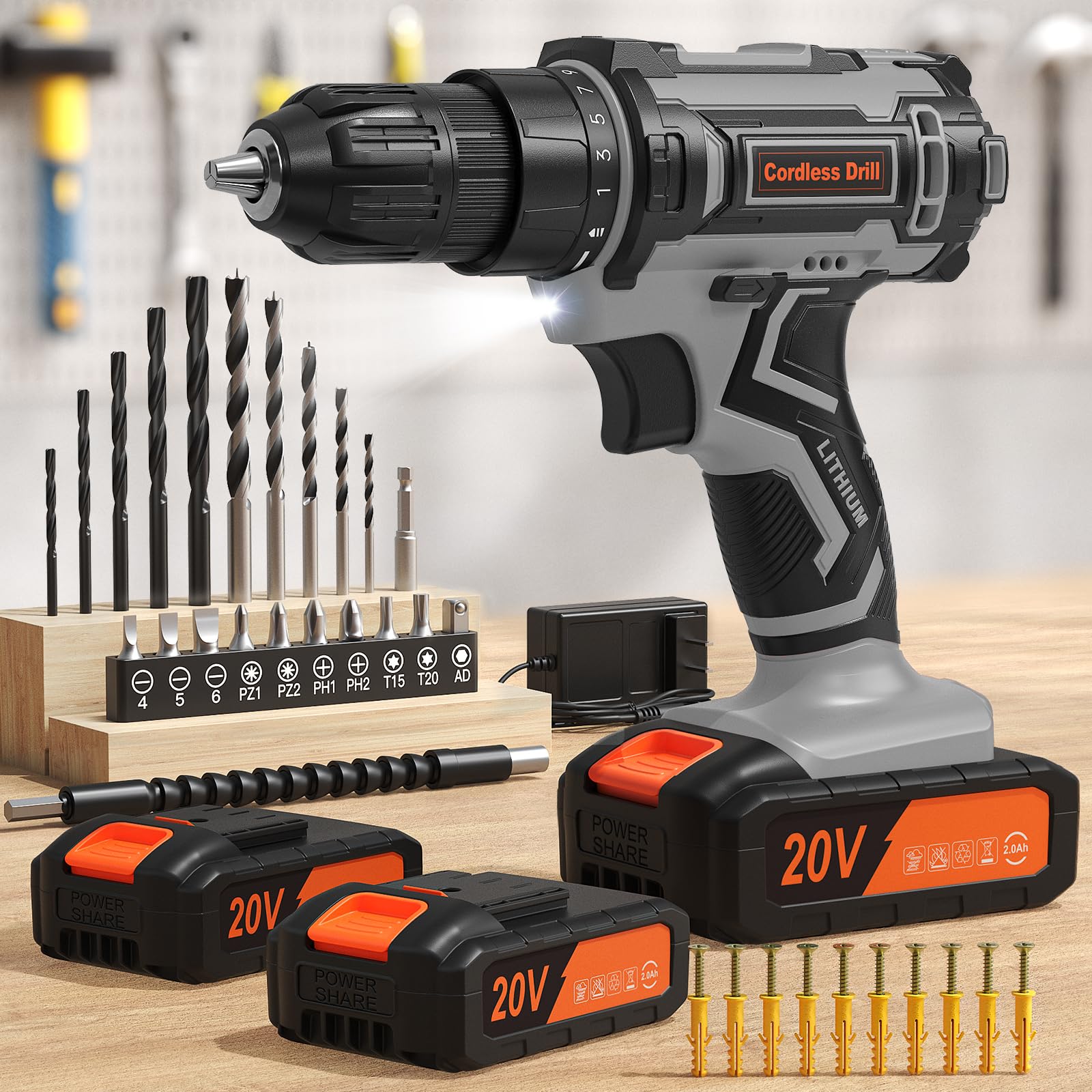 20V Cordless Drill with 2 x 2000mAh Batteries & Charger - 3/8