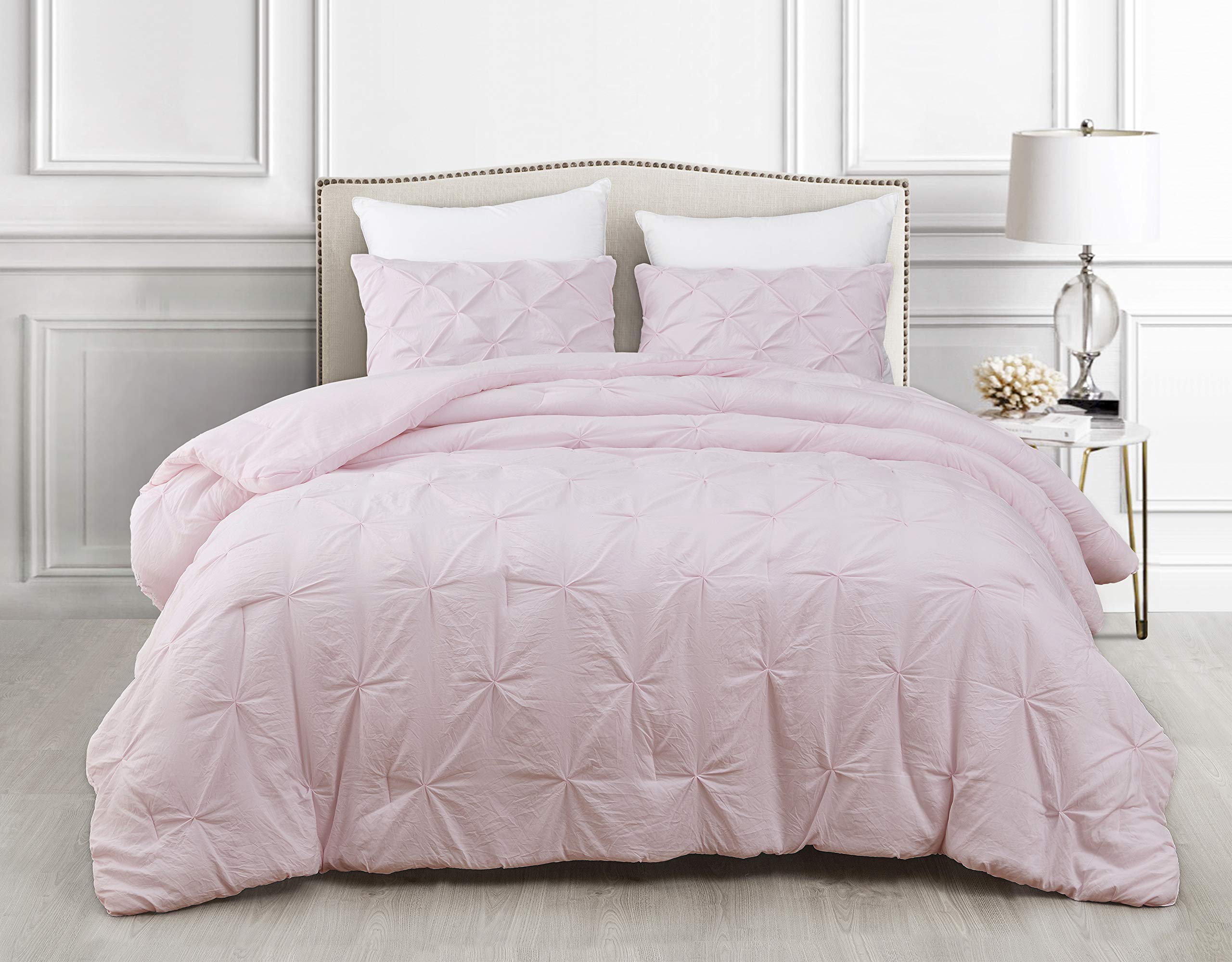 Premium Soft Cotton Comforter Set - All Season Goose Down Alternative Pinch Pleat Duvet Insert | 500 GSM Fill Power | Oversized Queen 3-Piece Bedding Set in Light Pink | Perfect for Master Bedroom, Guest Room & Cozy Home Decor