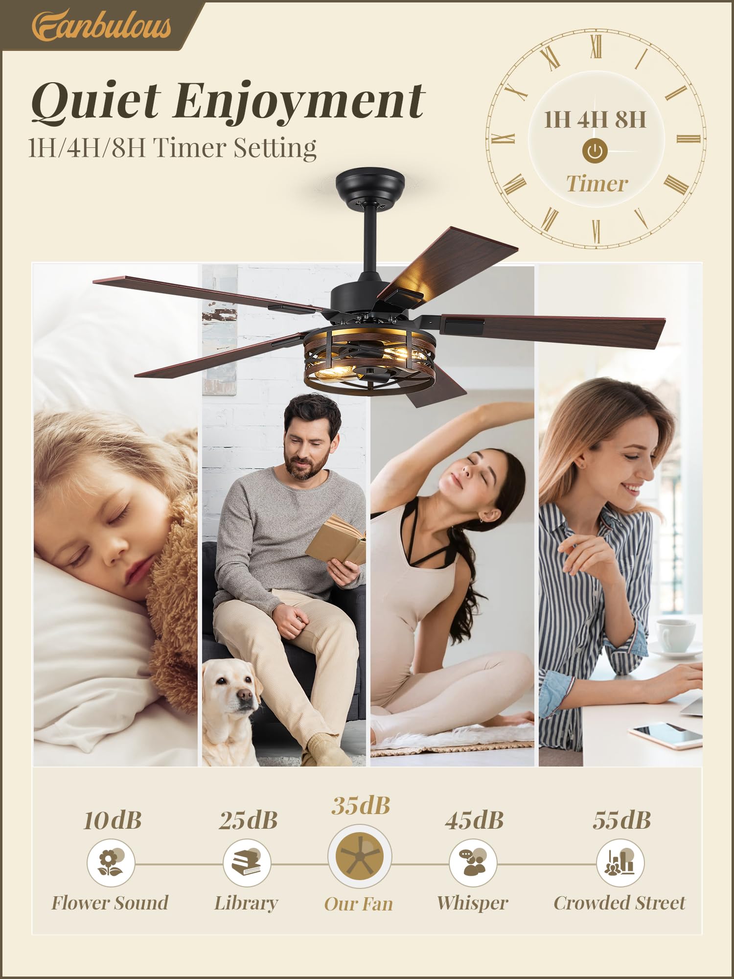 48 Inch Rustic Farmhouse Ceiling Fan with Light - 6-Speed Adjustable Quiet Reversible DC Motor, Dual Finish 5 Blades - Perfect for Bedroom, Living Room, Porch & Farmhouse Decor