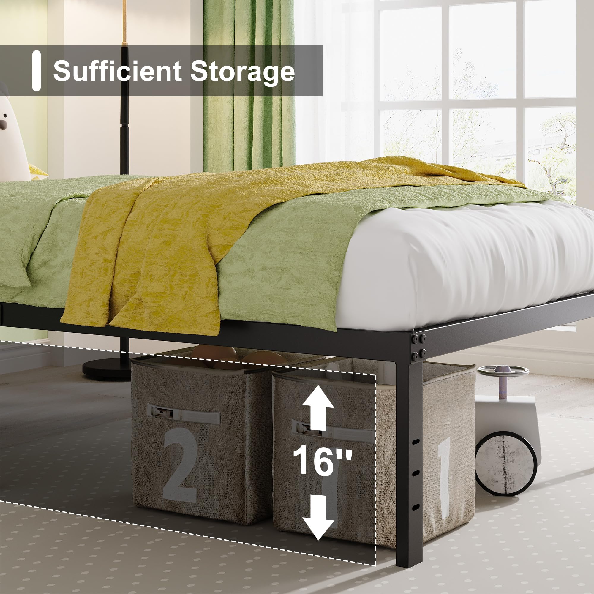 EMODA 18 Inch Heavy Duty California King Bed Frame - Tall Metal Platform with Large Storage Space, No Box Spring Needed, Noise Free, Black - Perfect for Master Bedrooms & Guest Rooms