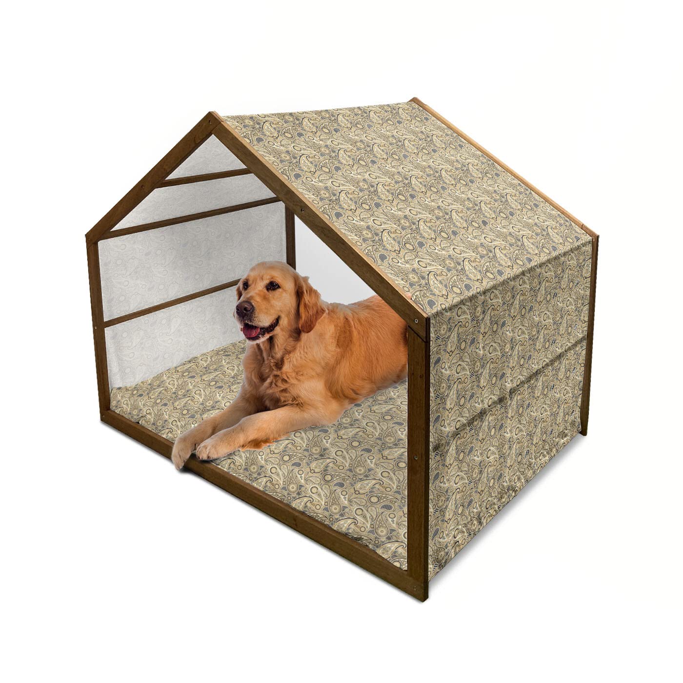 Ambesonne Paisley Wooden Dog House - Traditional Floral Pattern with Stripes, Indoor & Outdoor Portable Pet Kennel with Removable Pillow & Cover - X-Large Size (Brown/Black/White) - Perfect for Backyard, Patio or Home Decor
