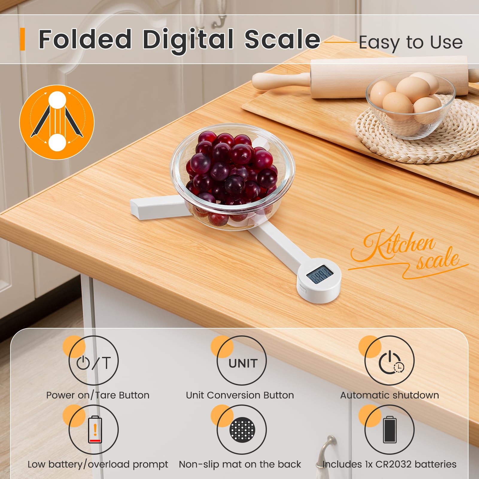 Digital Kitchen Scale - Folding Food Scale with LCD Display, Highly Accurate & Portable for Measuring Healthy Food Intake | Supports Multiple Units | Ideal for Travel, Cooking, Baking & Meal Prep