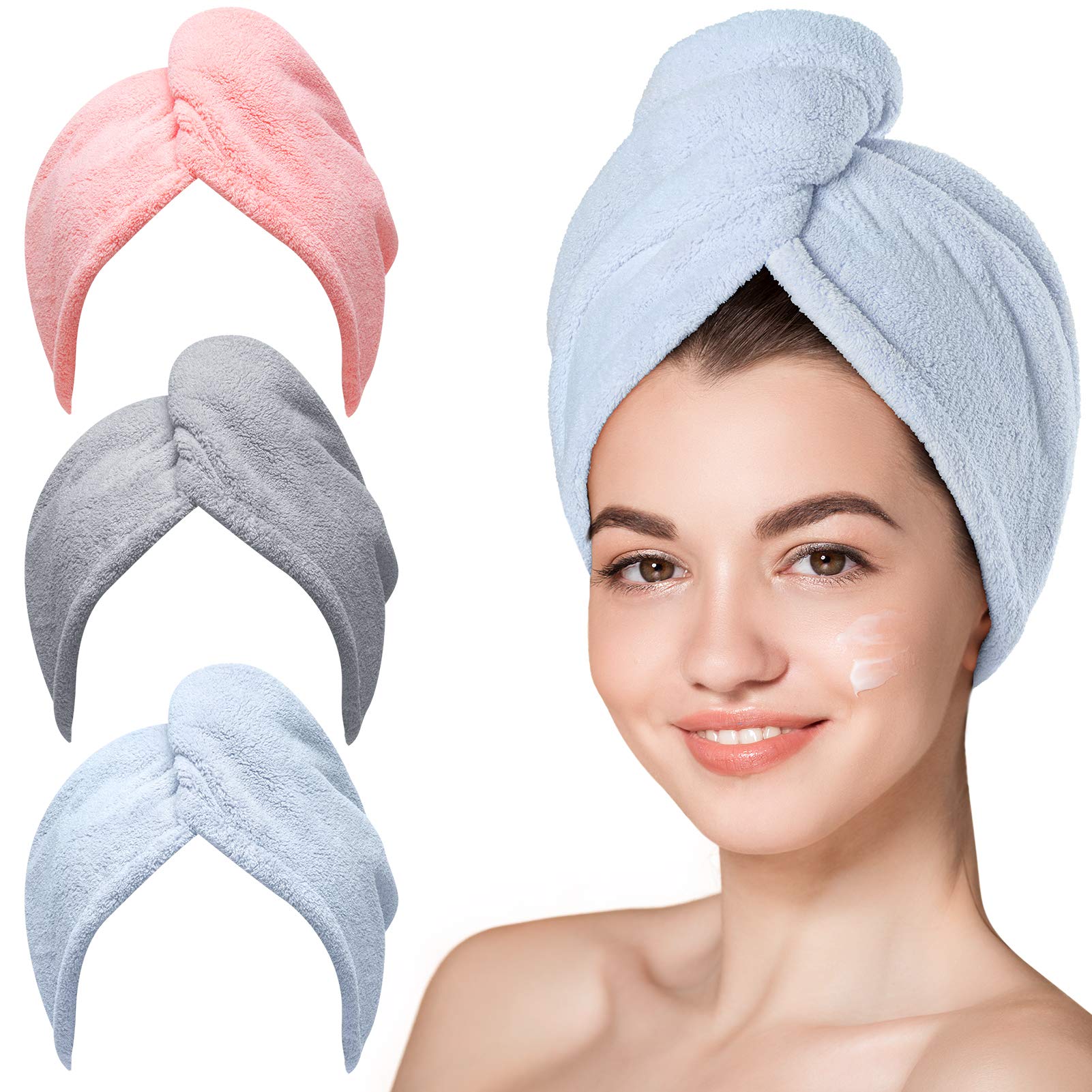 Hicober 3-Pack Microfiber Hair Towel Wrap for Women - Soft Anti-Frizz Hair Turban for Wet & Curly Hair - Quick Dry Hair Towel (Blue, Grey, Pink) - Perfect for Post-Shower, Salon Styling & Travel
