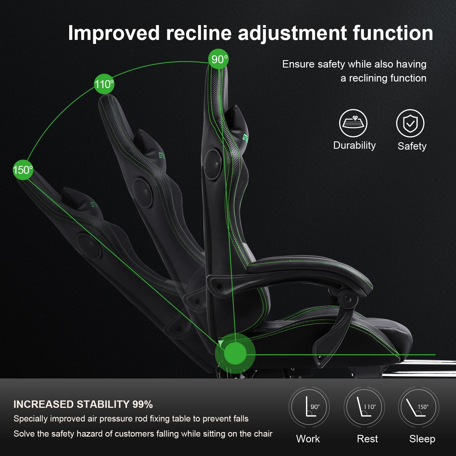 GTPLAYER Ergonomic Gaming Chair - High Back Racing Style Computer Desk Chair with Adjustable Lumbar Support (PU Leather, Green) - Perfect for PC Gaming, Office Work & Home Study