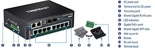TRENDnet TI-PG102 10-Port Industrial Gigabit PoE+ Switch | 8 PoE+ Ports, 2 SFP Slots, 240W Power Budget | DIN-Rail Mount, VLAN, QoS, IP30 Rating | Perfect for Factory Automation & Surveillance Networks (Renewed)