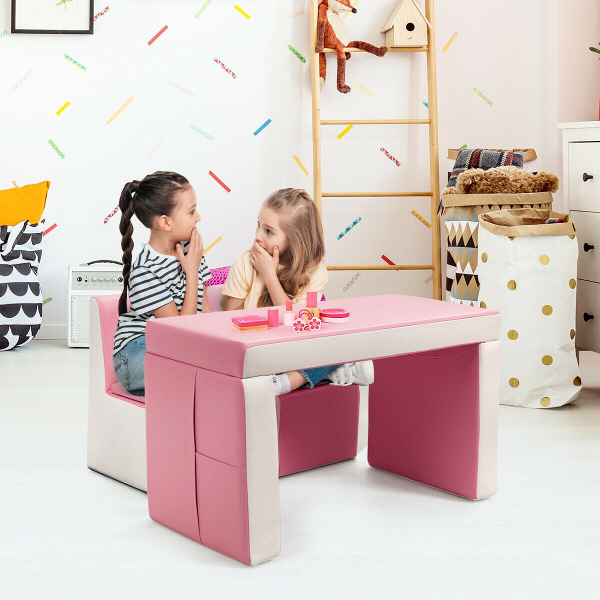 Multi-Functional Kids Sofa Table Chair Set - Pink Convertible Play Furniture for Toddlers & Children - Perfect for Playroom, Bedroom, or Living Room