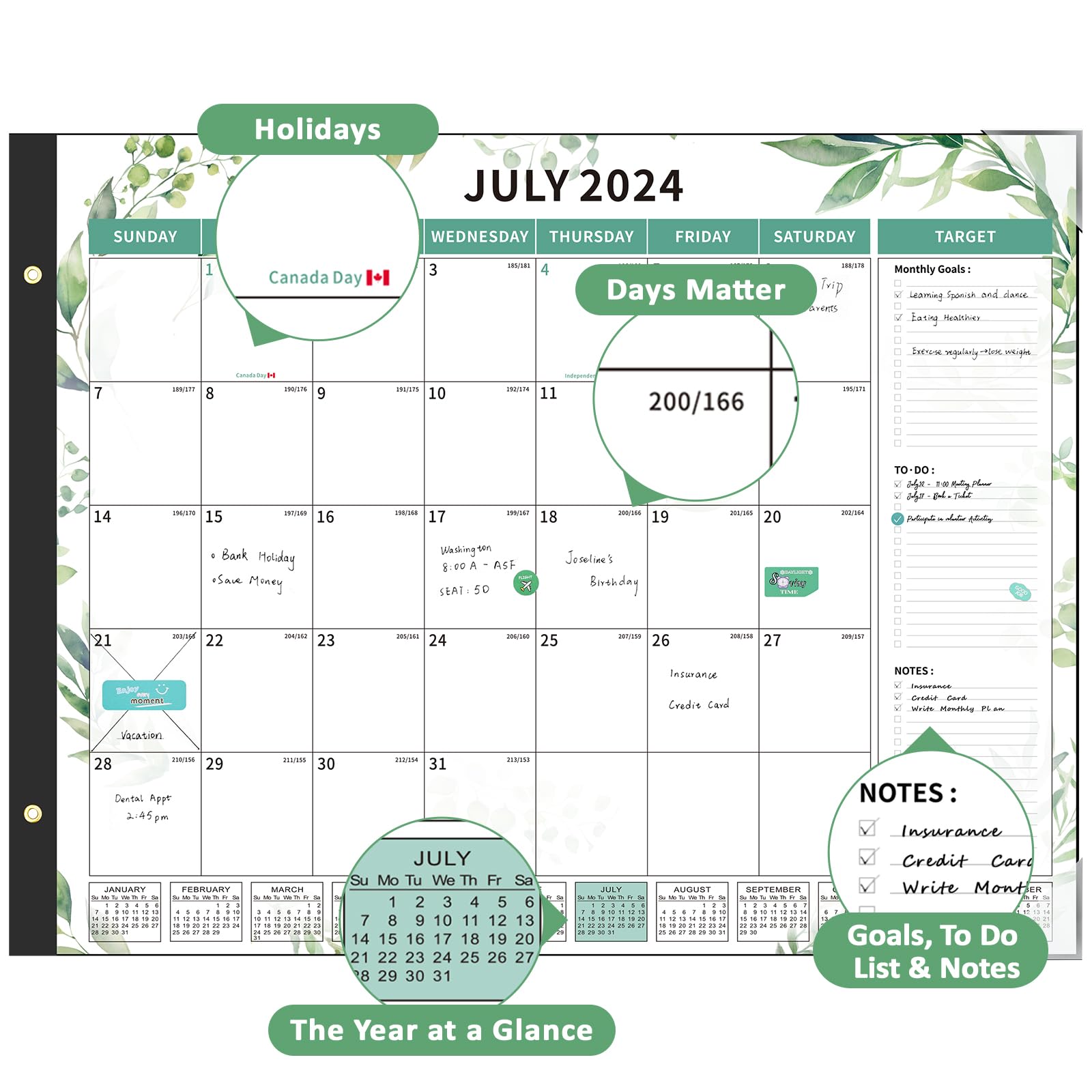 Ospelelf 2024-2025 Large 22x17 Inch Monthly Desk Calendar Planner with Plastic Cover - 18 Month Green Floral Design for Office, Home & School Organization