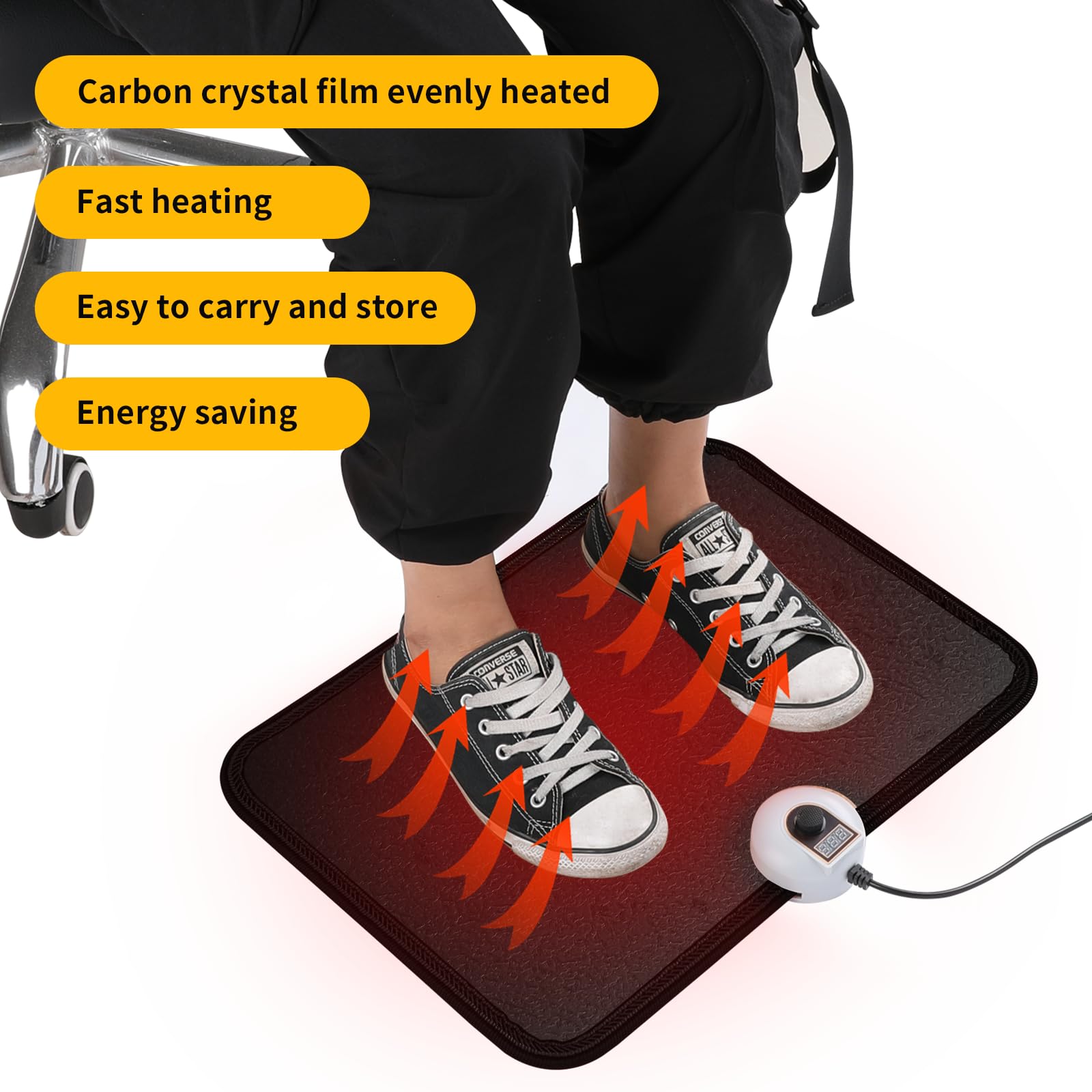 110V Electric Heated Floor Mat - Carbon Crystal Heating Foot Warmer Pad for Home & Office Use - Keep Feet Warm While Working, Relaxing or Watching TV (Black)