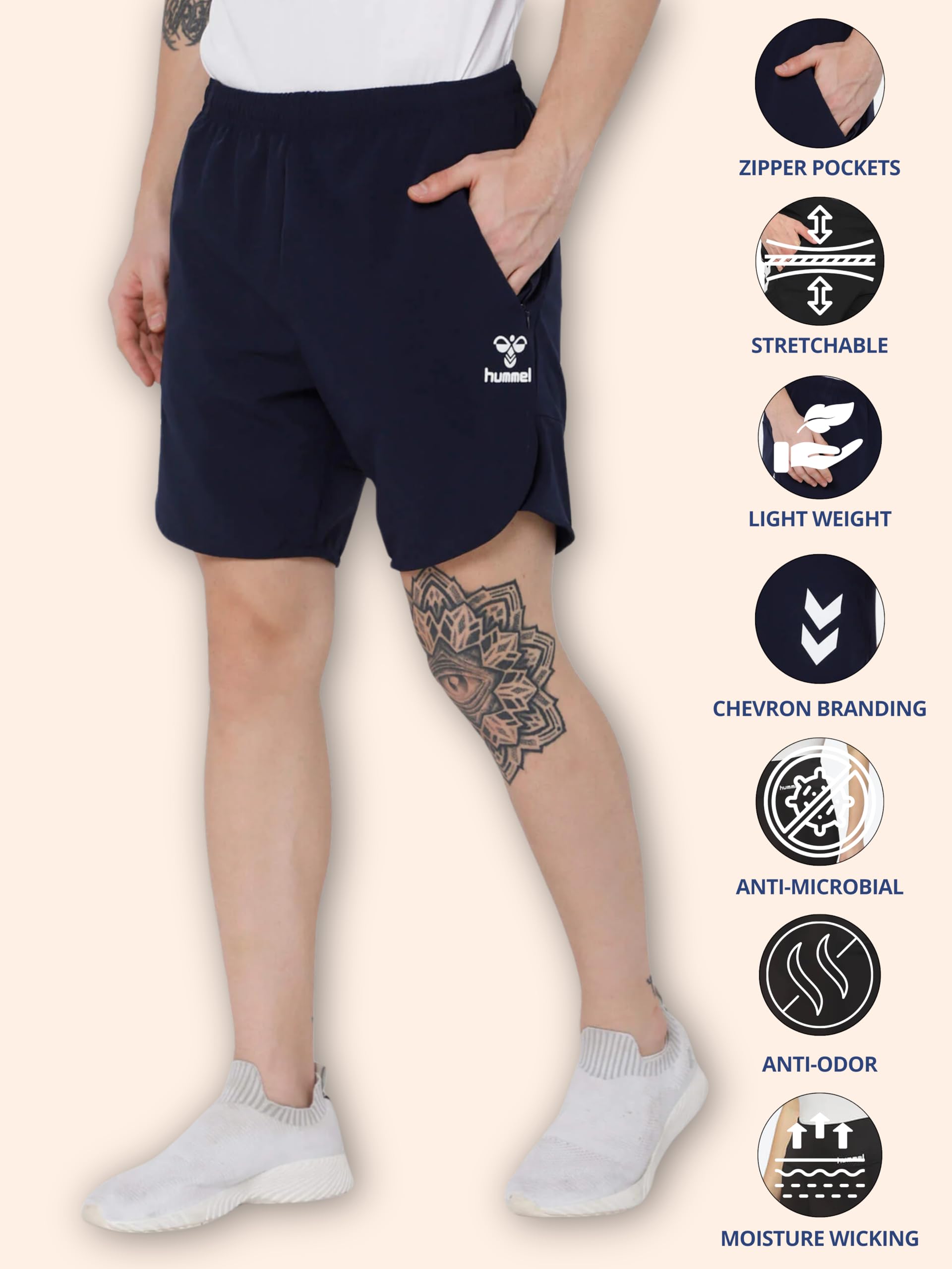 hummel Kuro Solid Men's Regular Fit Polyester Shorts with Zipper Pockets - Comfortable, Breathable & Stretchable Fabric for Yoga, Gym, Running & Everyday Wear - Perfect for Workouts, Training & Casual Outfits