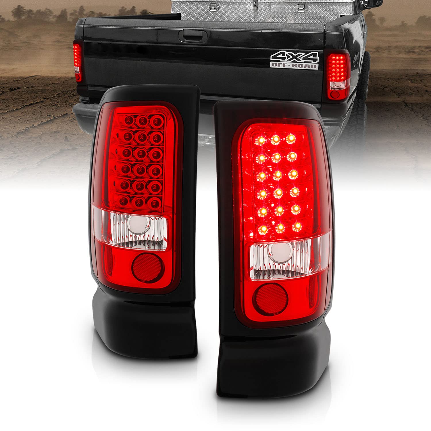 AmeriLite Red/Clear LED Brake Tail Lights Set Compatible with 1994-2001 Dodge Ram 1500 2500 3500 - Left & Right Side Replacement - Enhanced Visibility & Safety for Night Driving & Towing
