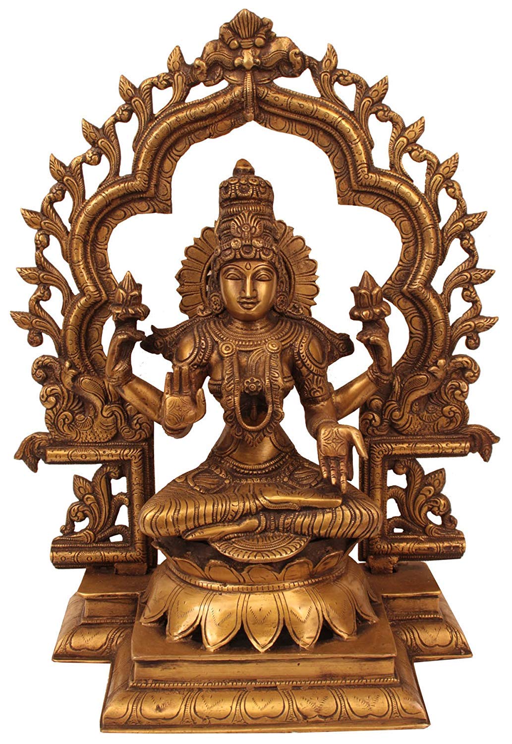 Goddess Lakshmi Brass Statue with Floral Prabhavali - Handcrafted Hindu Deity Figurine for Home Altar, Office Decor & Spiritual Gifts