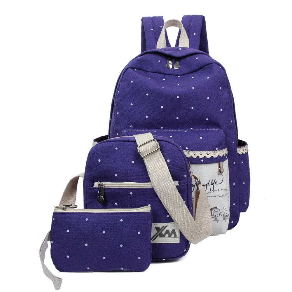 Hflove Teen Girls' Polka Dot Backpack Set - 3 Piece Canvas School Backpack with Lunch Bag & Pencil Case | Cute Student Bookbag for Middle School, College, Travel & Daily Use
