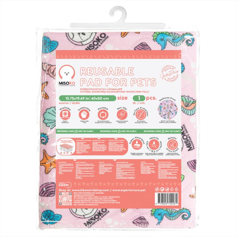 Misoko Reusable Pet Pads - Washable & Absorbent with Seahorse Design, Pink (1 Pack) - Perfect for Puppy Training, Dog Crate Lining & Travel Use