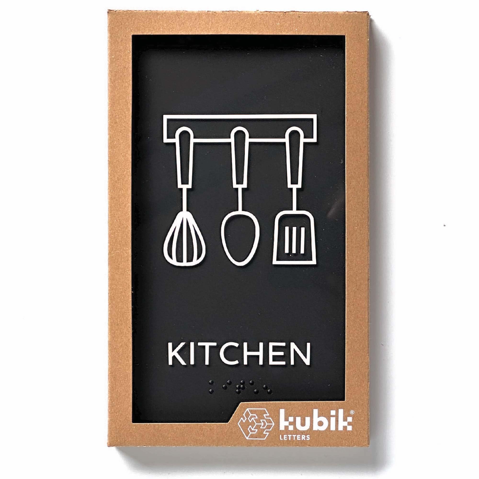ADA Compliant Kubik Letters Kitchen Sign - Modern Design with Grade 2 Braille for Restaurants, Offices & Homes - Includes 3M Double Sided Tape for Easy Installation