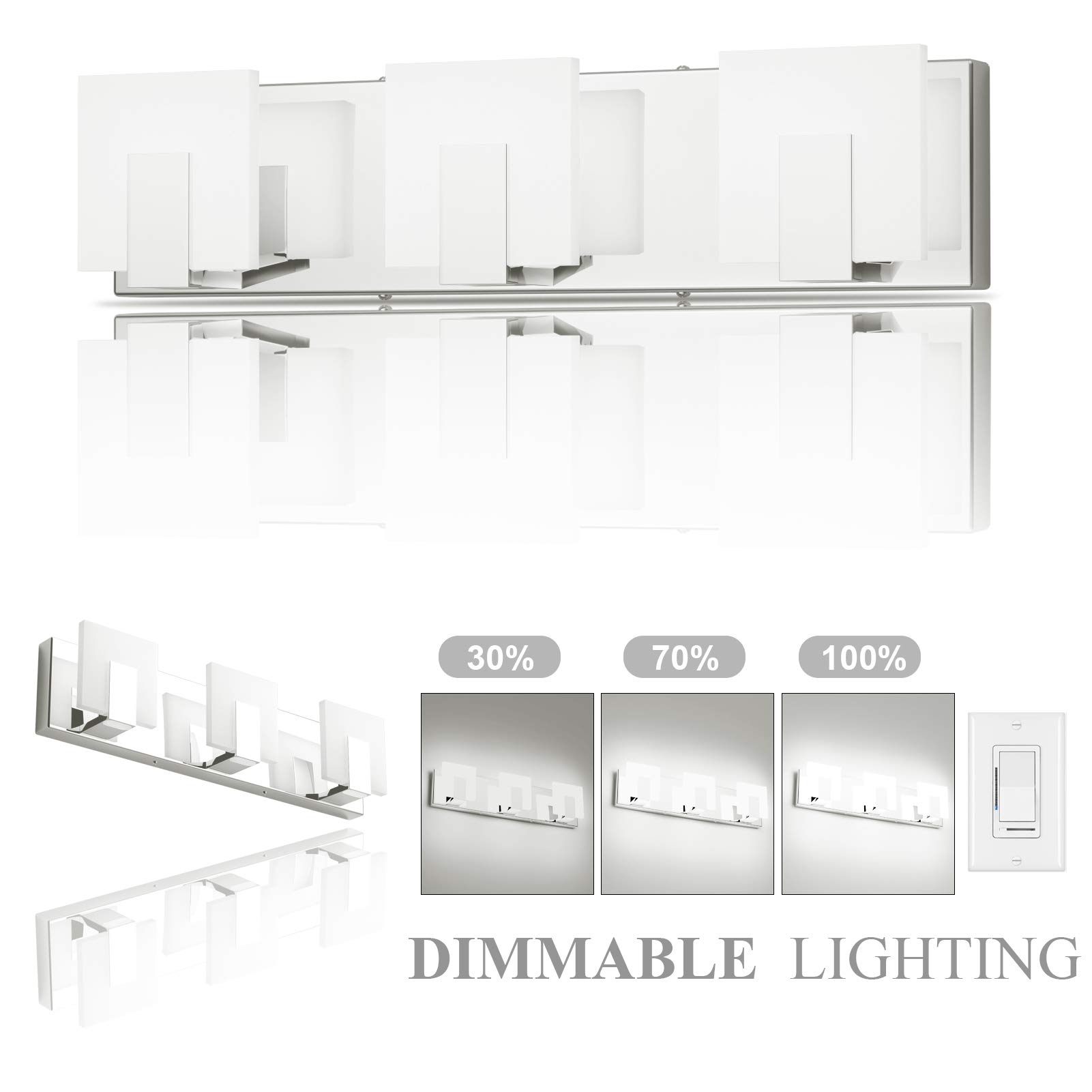 Aipsun 3-Light Dimmable Modern LED Vanity Light - Frosted White Acrylic & Chrome Finish - Up/Down Bathroom Wall Light Fixture for Mirror (6000K White Light) - Perfect for Bathroom, Powder Room & Dressing Area Lighting