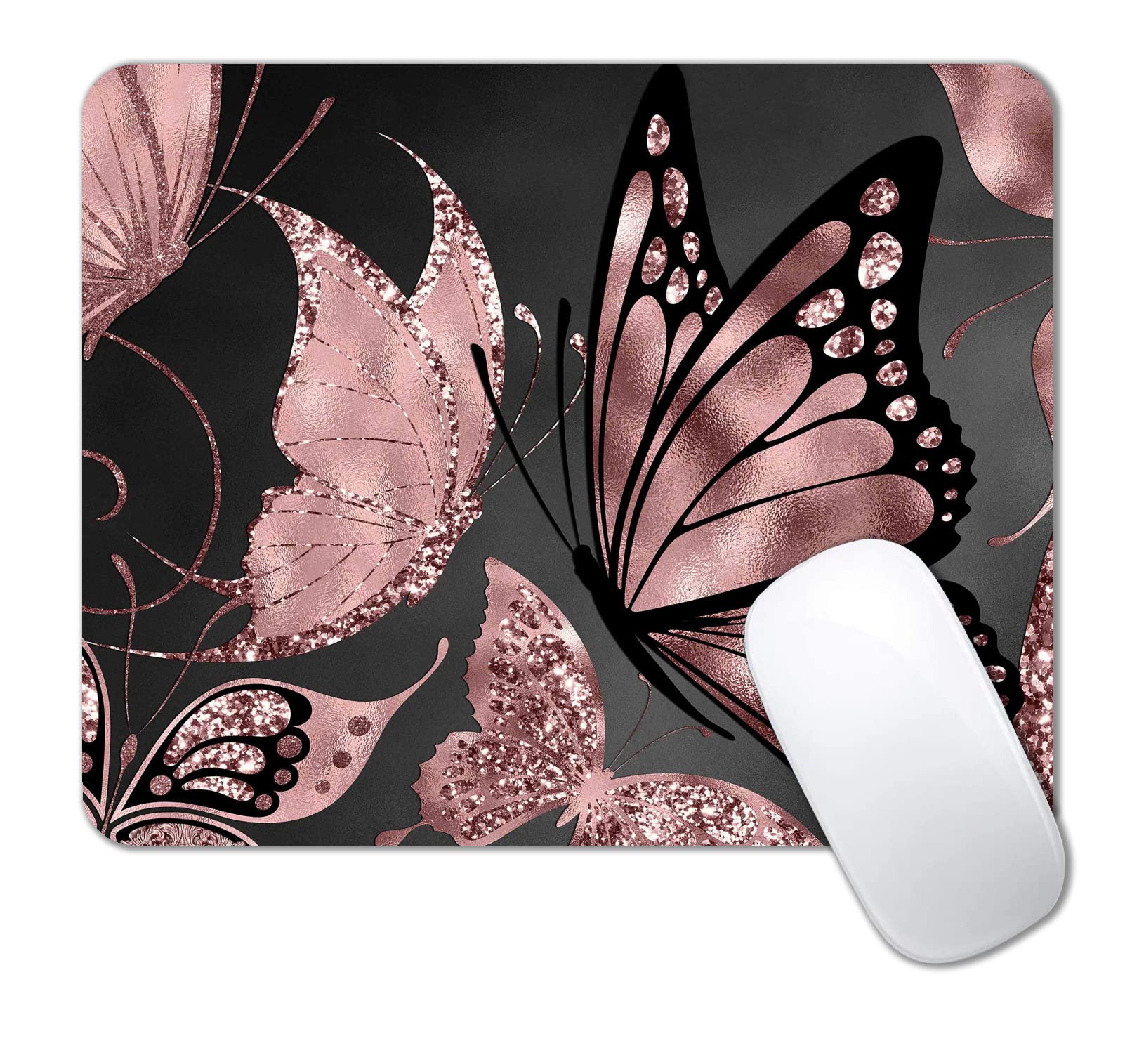 IMAYONDIA Rose Gold Butterfly Mouse Pad - Non-Slip Rubber Base Desk Mat for Gaming & Office Work (9.5