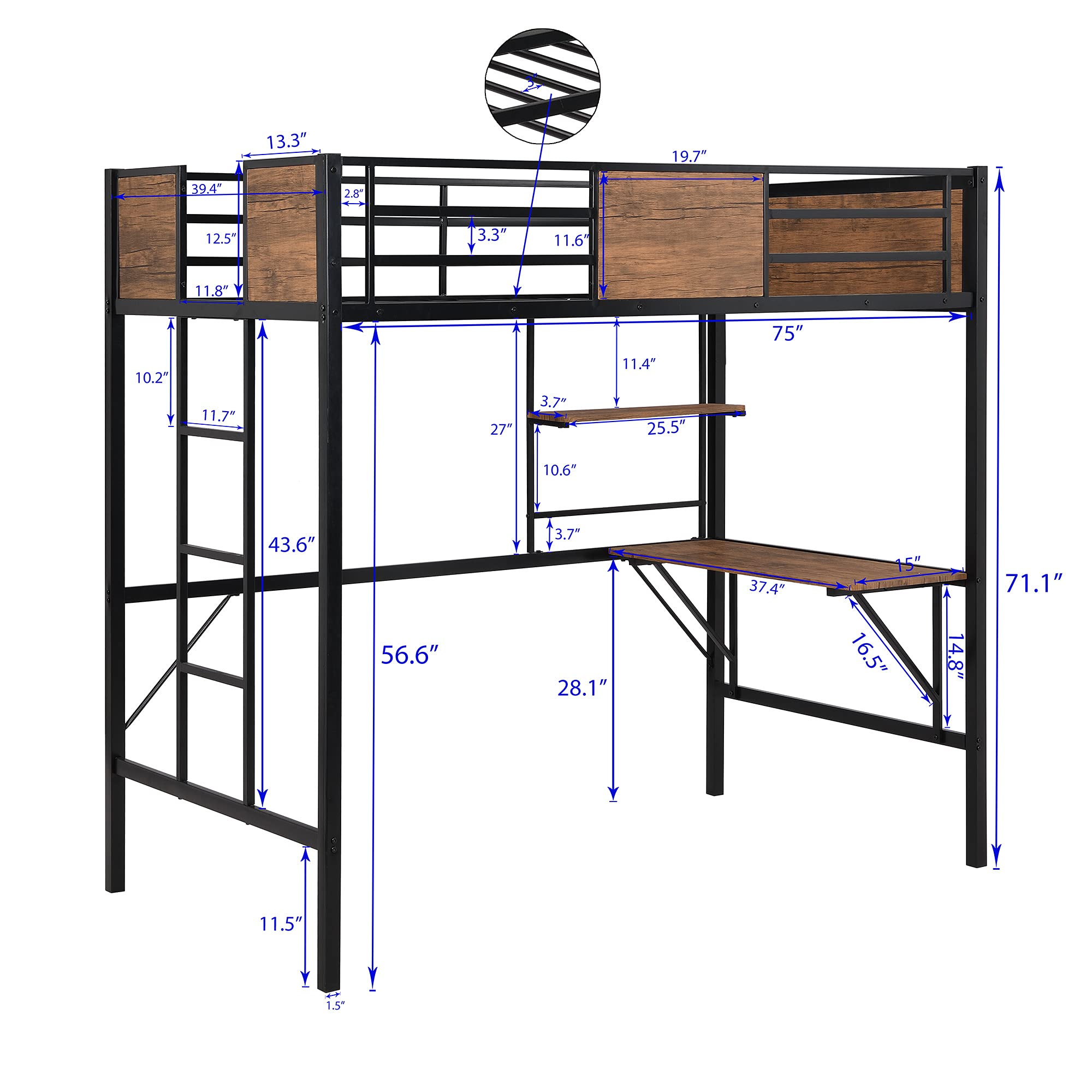 Metal Loft Bed with Desk & Storage Shelves - Twin Size Study Bed with Full-Length Guardrail & Built-in Ladder - No Box Spring Needed (Black Frame with Gray Boards) - Perfect for Small Bedrooms, Dorm Rooms & Home Office Spaces