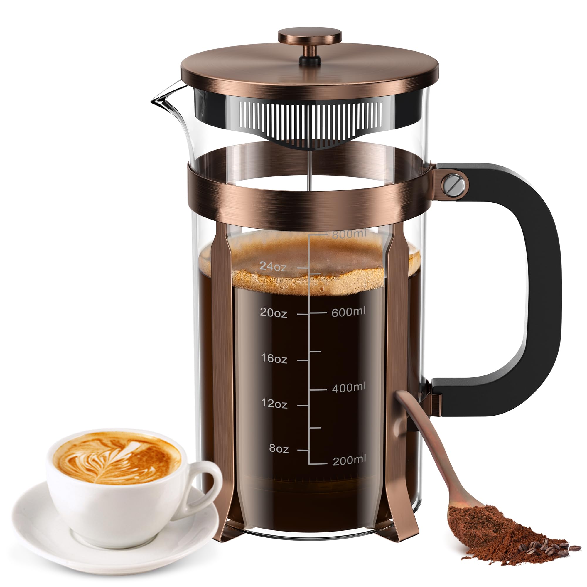 Premium Stainless Steel French Press Coffee Maker - 34oz (1 Liter) Borosilicate Glass, Heat Resistant for Hot & Cold Brew Coffee & Tea - Includes 4 Filters - Perfect for Home, Office, Camping & Gifts