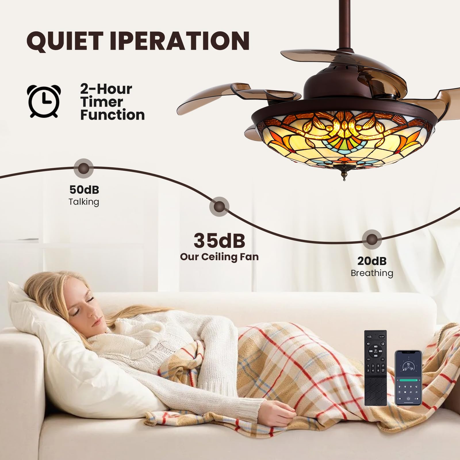 Moooni 36 Inch Mediterranean Style Ceiling Fan with Light Kit & Remote Control - Tiffany Style Fandelier with Retractable Blades - Dimmable LED Indoor Ceiling Fan in Brown - Perfect for Living Room, Bedroom, and Dining Room