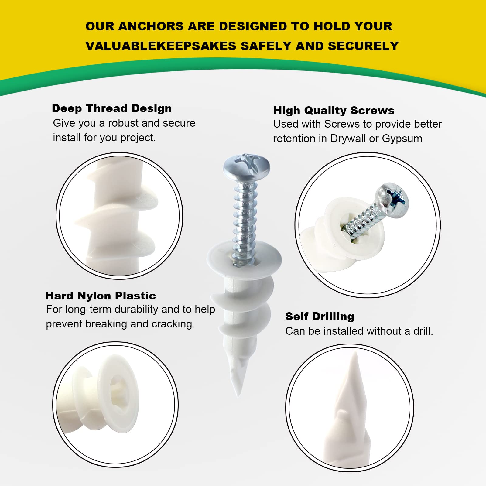 #8 Self-Drilling Drywall Anchors - 100Pcs Heavy Duty Plastic Hollow Wall Anchors with Screws for Hanging Pictures, Shelves & Home Decor - Perfect for DIY Projects & Wall Mounting