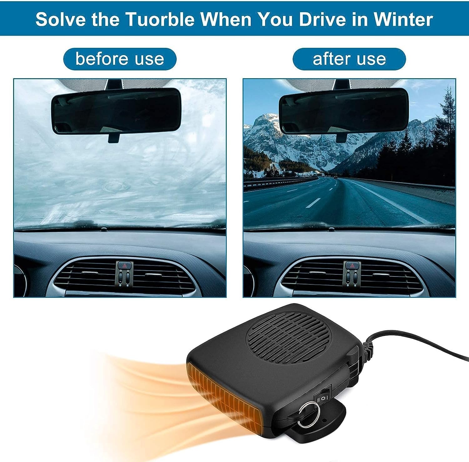 150W 12V Portable Car Heater & Defroster - Cigarette Lighter Plug-in Mini Heater for Winter - Fast Warm Up for Cars, Trucks & RVs - Perfect for Cold Mornings & Road Trips