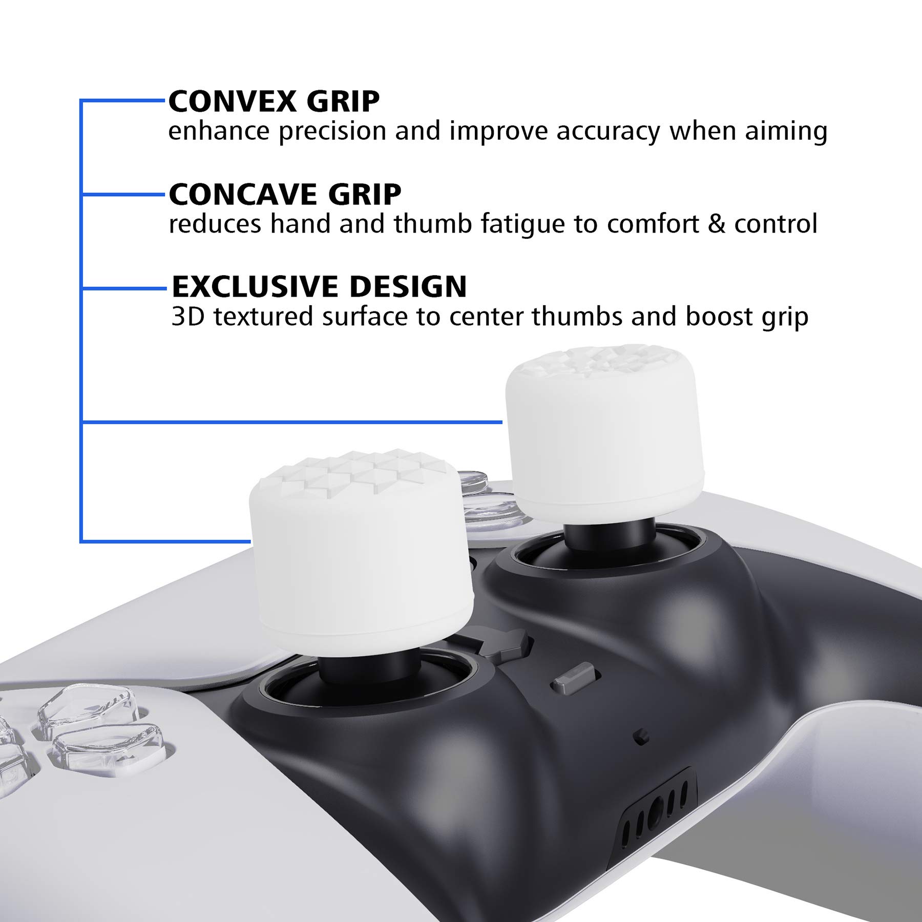 PlayVital White Ergonomic Thumb Grips for PS5, PS4, Xbox Series X/S, Xbox One, Switch Pro Controller - 3 Height Adjustable Convex & Concave Caps with Diamond Texture & Bomb Design - Improve Gaming Comfort & Reduce Fatigue for Long Play Sessions