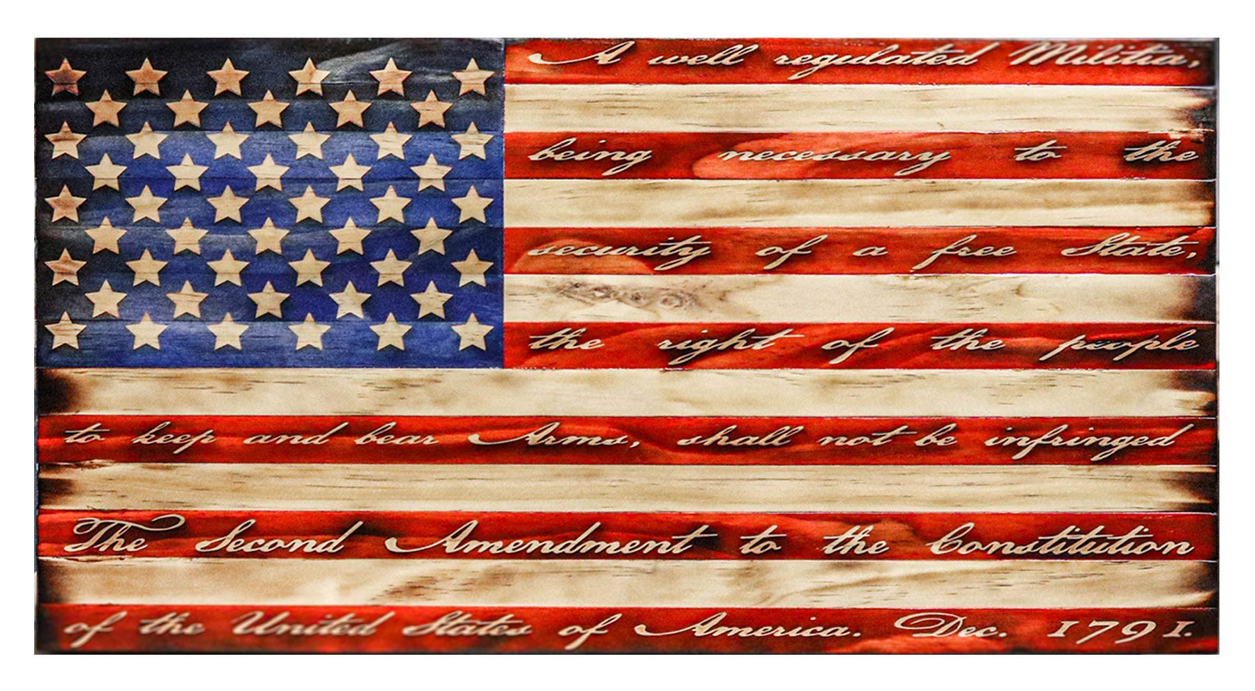 Handcrafted Wooden 2nd Amendment American Flag Wall Art - 24x13 Inch Distressed & Laser-Carved Patriotic Decor - Rustic Hand-Torched Wood Sign - 100% Made in USA - Perfect for Home Office, Man Cave, or Gun Room Display