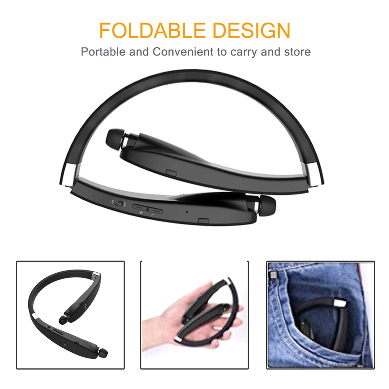 Beartwo Foldable Bluetooth Headphones - Lightweight Wireless Neckband Headset with Noise Cancelling for Running, Gym & Sports | Retractable Design with Carry Case | Perfect for Workouts, Commuting & Travel