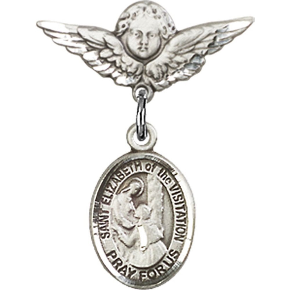 Sterling Silver Baby Badge with St. Elizabeth of The Visitation Charm & Angel Wing Pin - 7/8