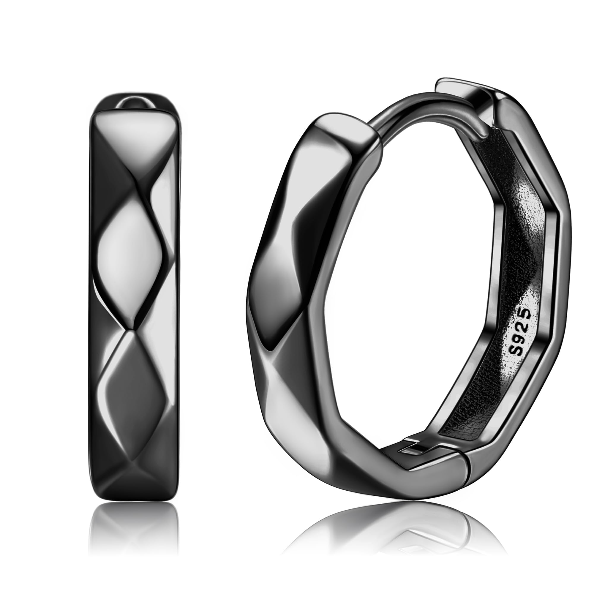 KRFY 925 Sterling Silver Small Lightweight Hoop Earrings for Men & Women - High Polished Rhombus-Cut Huggie Sleep Earrings (10mm Inner Diameter) | Perfect for Everyday Wear, Gifts & Night Out Accessories