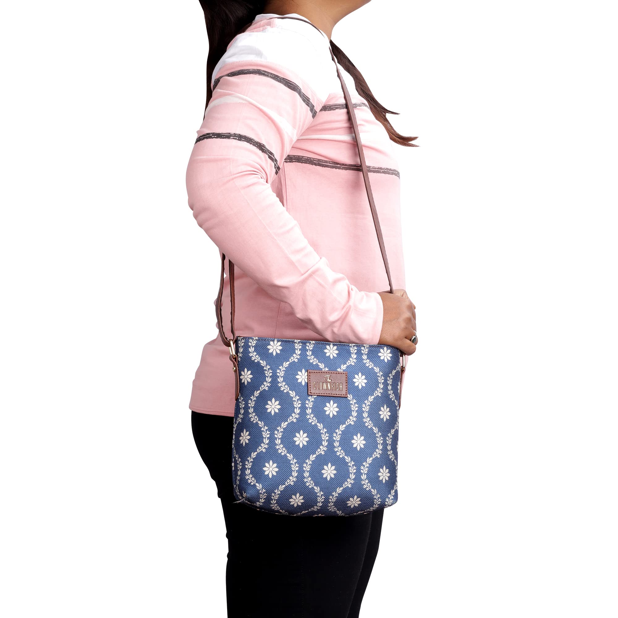 THE CLOWNFISH Aahna Printed Handicraft Fabric Crossbody Sling Bag for Women - Adjustable Shoulder Strap, Casual & Party Purse - Perfect for College Girls, Daily Use & Special Occasions (Royal Blue)