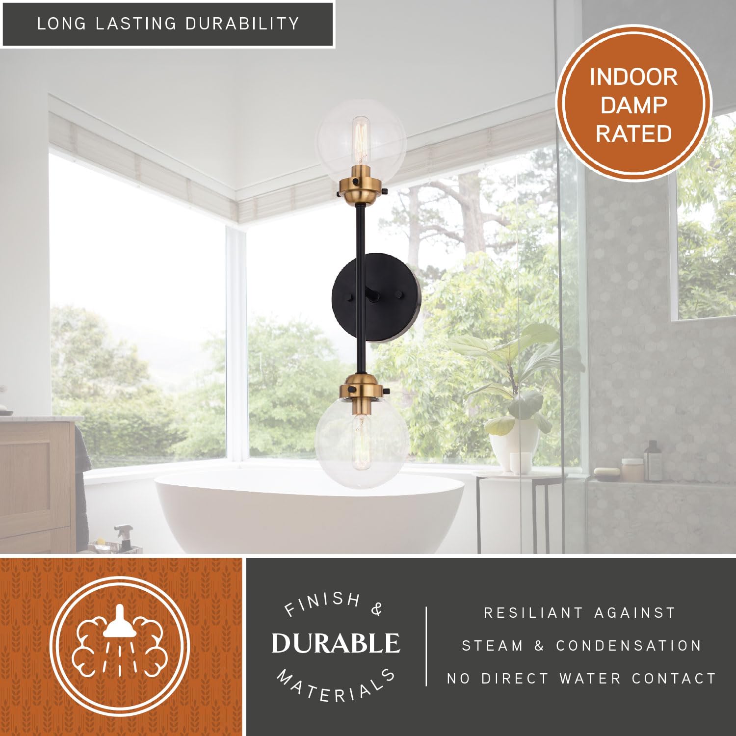 VAXCEL Orbit 2 Light Wall Sconce - Industrial Modern Brass & Oil Rubbed Bronze Fixture with Clear Glass Globe - Perfect for Bedroom, Living Room, and Hallway Lighting