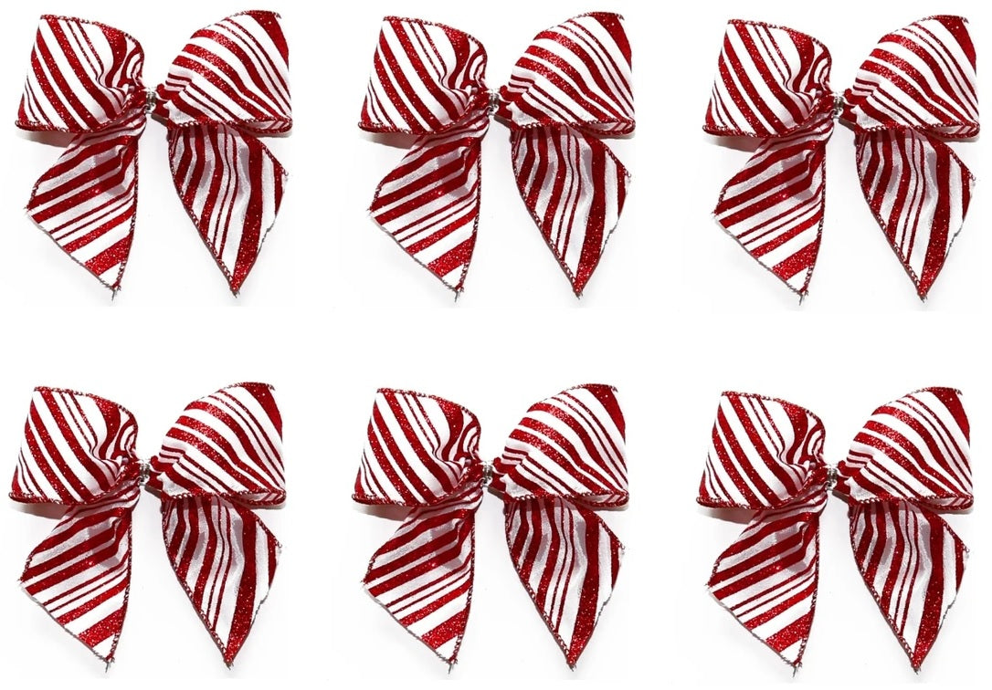 6 Pack White Satin Hair Bows with Red Glitter Candy Cane Stripes - Christmas Hair Accessories for Girls, Women, Party & Holiday Outfits