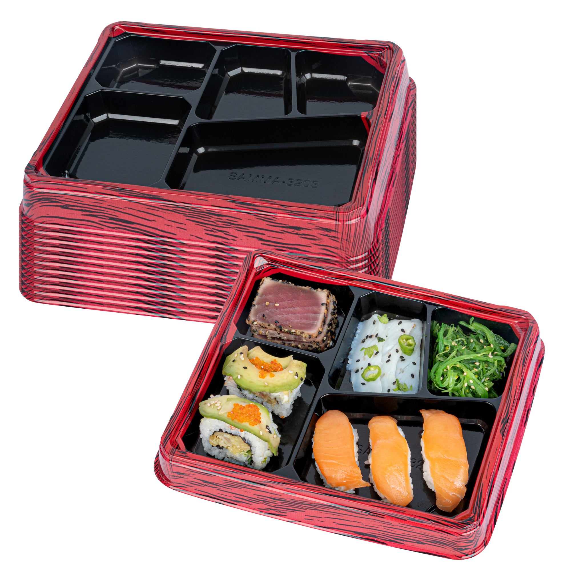 Bento Tek 18 oz Rectangle Red and Black Plastic Bento Box with 5 Compartments | 9.25