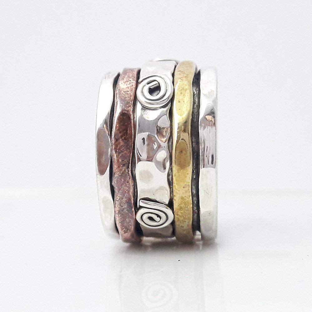 Hammered Wire Ring for Women - Boho Sterling Silver Anti Anxiety Worry Ring - Textured Spinner Band Thumb Ring for Stress Relief & Fashion Accessories
