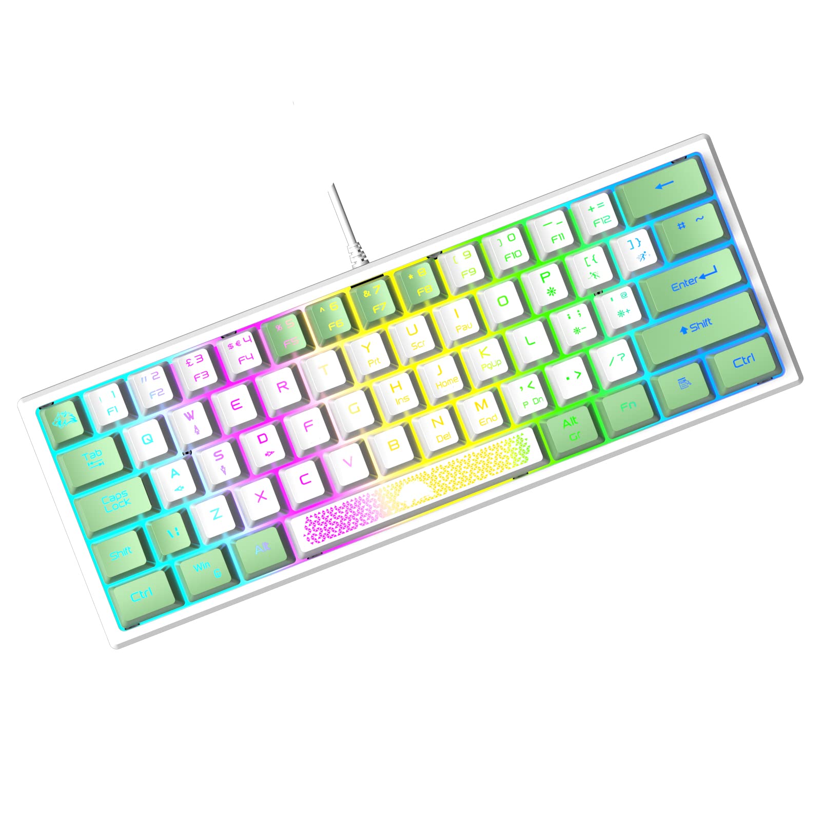 ZIYOU LANG K61 60% Compact Mechanical Gaming Keyboard - RGB Rainbow Backlit, 62-Key Ergonomic Design, Anti-Ghosting, Waterproof Wired for PC/Mac/Windows - Perfect for Gamers, Typists & Office Work (White & Green)
