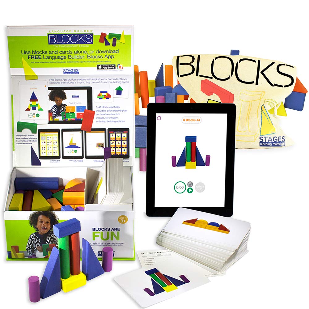 Language Builder Blocks Kit for Autism & Preschool - 120 Flashcards, 40 Wood Blocks, iPad App - Pretend Play & Learning Activities