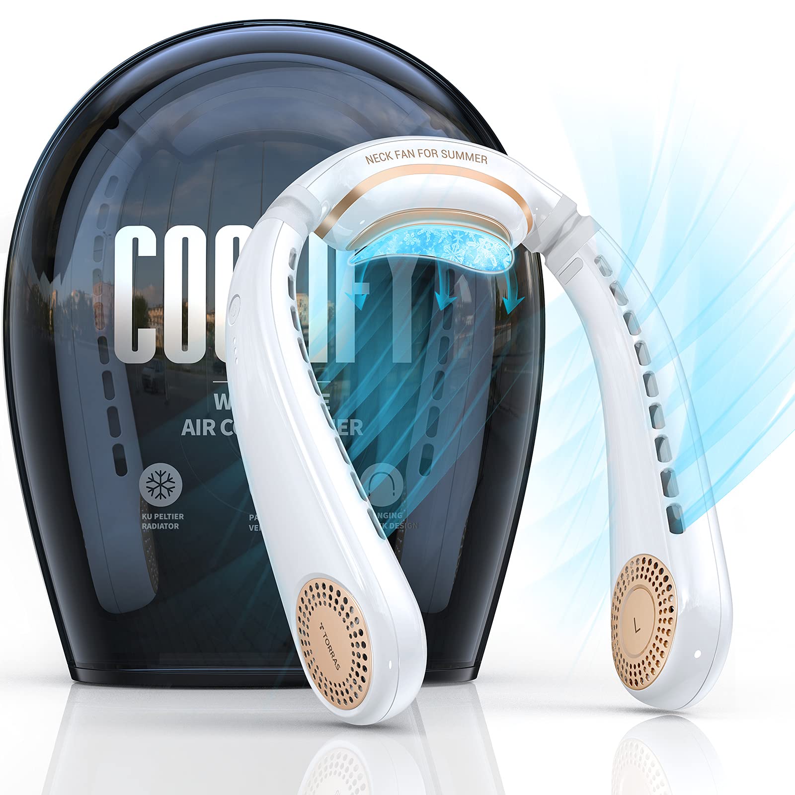 TORRAS Coolify Portable Neck Air Conditioner Fan - 360° Semiconductor Cooling, 4000mAh Rechargeable Bladeless Personal Fan with 3 Speed Settings for Office, Outdoor & Home Use | Perfect for Travel, Gym, and Hot Weather (Pearl White)