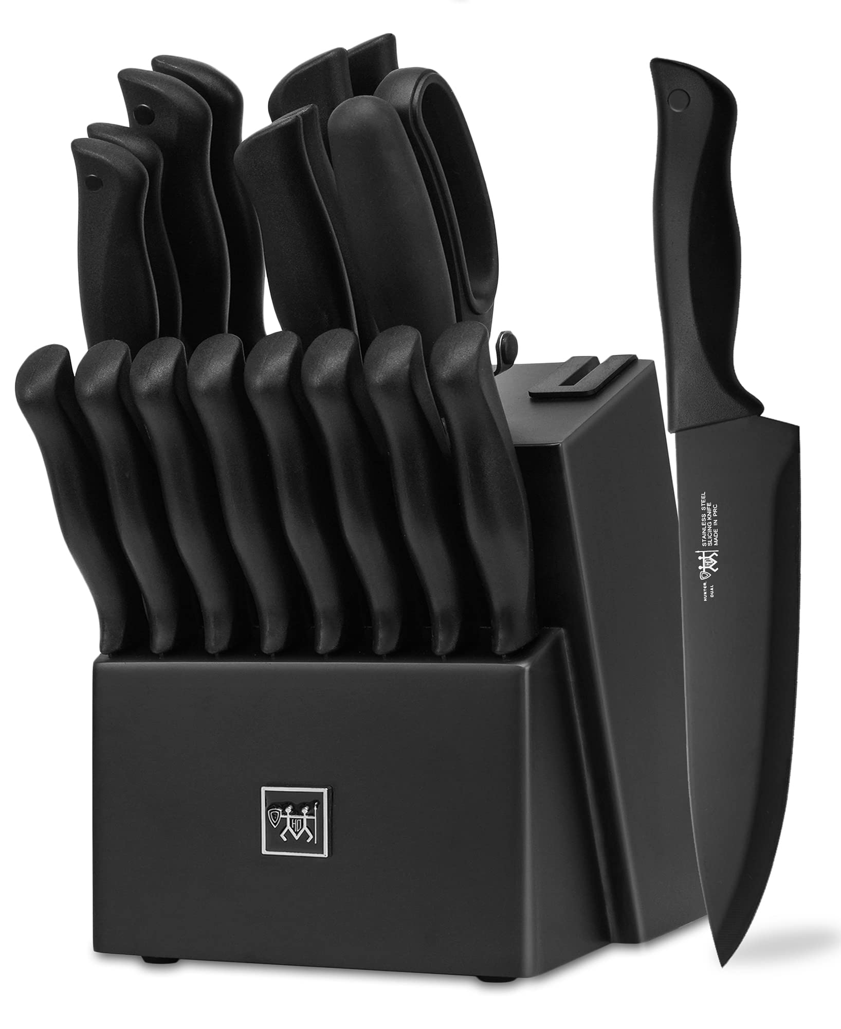 19-Piece HUNTER.DUAL Kitchen Knife Set with Wooden Block - Self-Sharpening, Dishwasher Safe, Ergonomic Anti-Slip Handles - Perfect for Home Chefs, Cooking Enthusiasts & Professional Kitchens