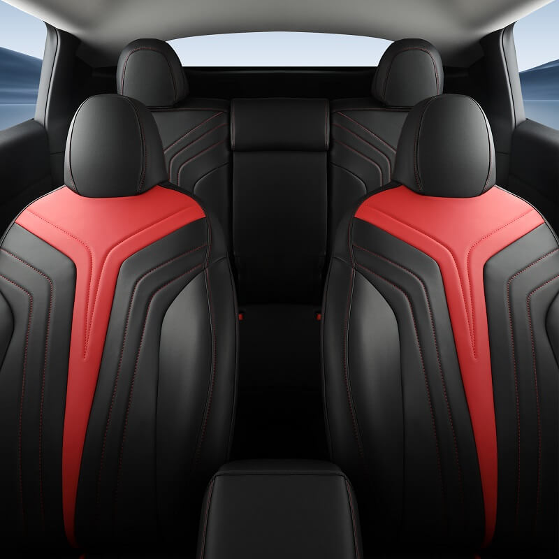 Premium Tesla Model Y Black & Red Nappa Leather Seat Covers - Luxury Car Interior Upgrade for Comfort & Style - Perfect for Daily Commute & Road Trips