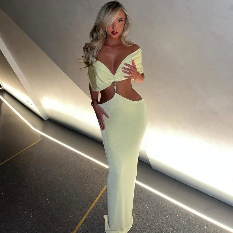 Elegant V-Neck Pleated Yellow Maxi Dress for Women - Slim Fit High Waist Summer Beach Dress | Perfect for Vacation, Holiday Parties & Casual Outings