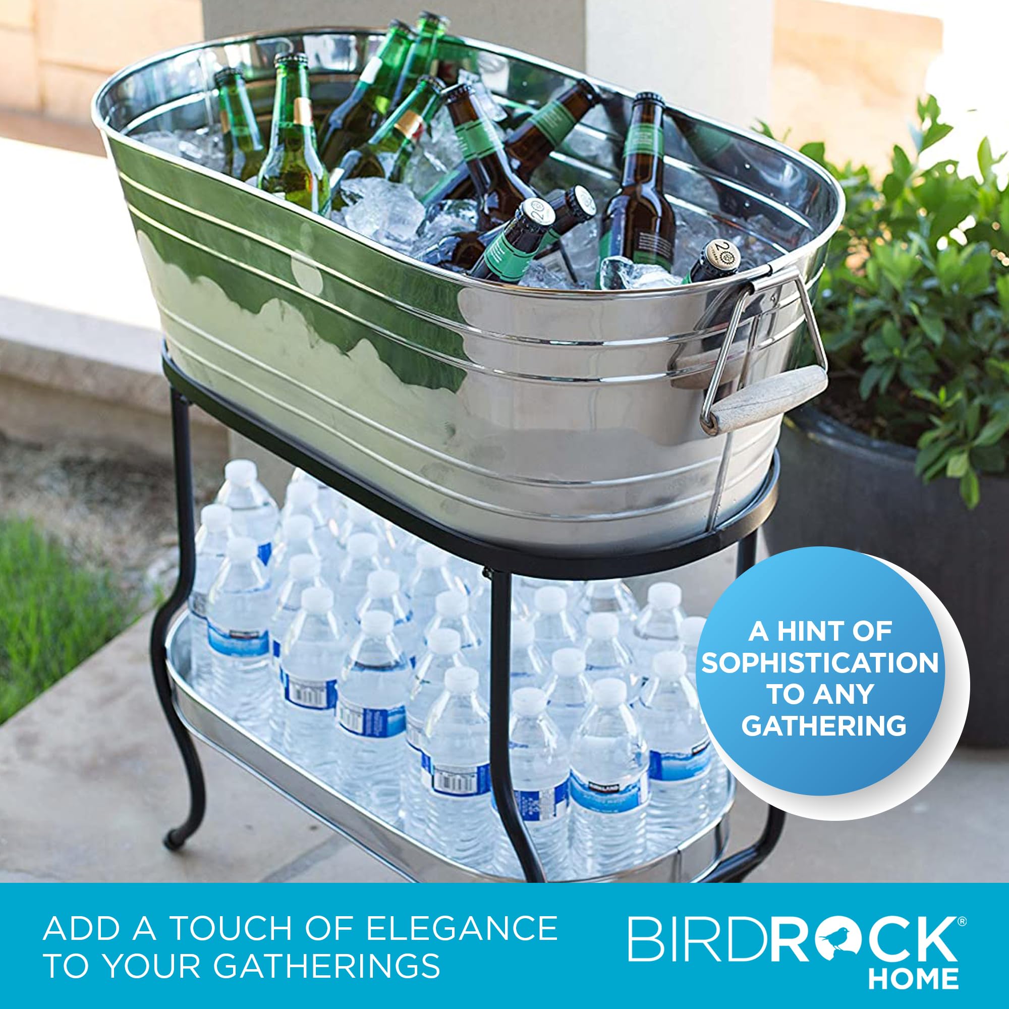 BIRDROCK Stainless Steel Beverage Tub with Stand & Wooden Handles - 5 Gallon Ice Bucket with Bottom Tray for Parties - Indoor/Outdoor Drink Cooler for Entertaining, BBQ, Poolside & Tailgating