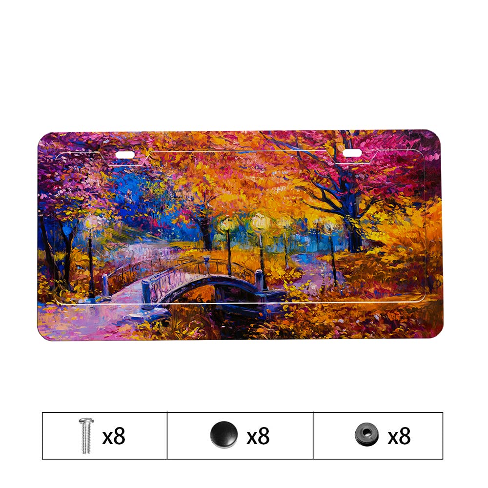 Beabes Maple Tree Autumn Bridge Decorative License Plate Cover - Colorful Fall Forest Wood Plank Design, 6.3