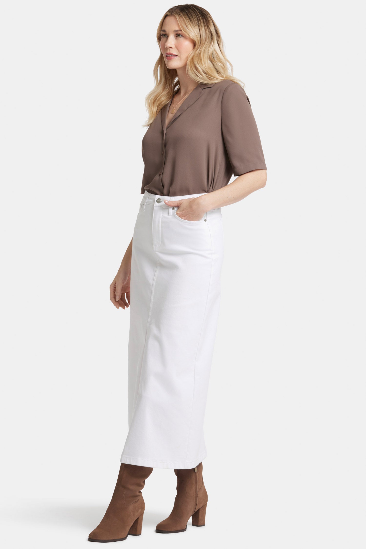 Elegant High Rise Long Skirt in Optic White - Perfect for Office Wear, Formal Events & Spring Outfits