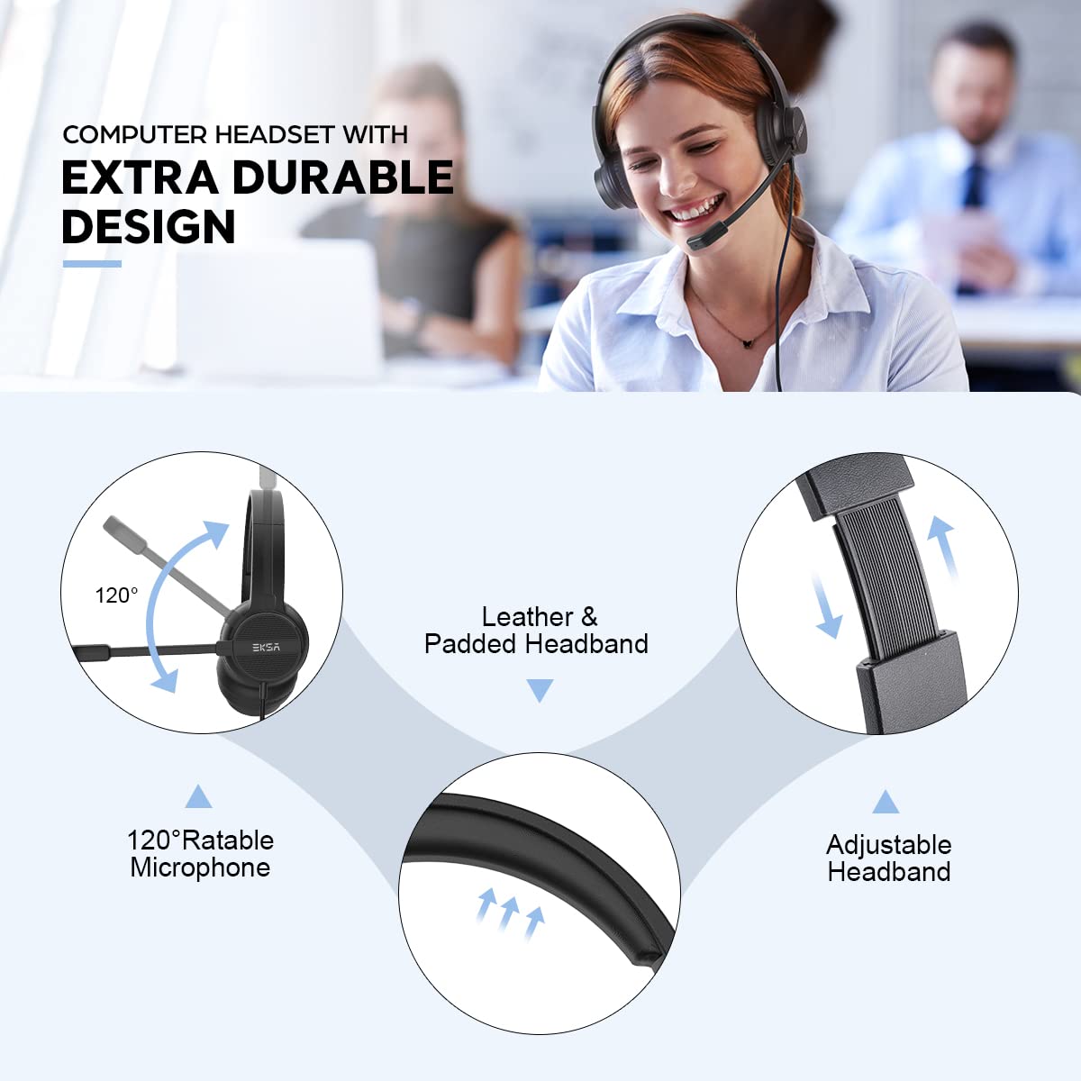 EKSA H12 Wired PC Headset with Microphone, 3.5mm Business Headset with Mute Button & Volume Control, Clear Stereo Sound for Office/Call Center/Home Office - Perfect for Skype, Zoom, Teams Meetings & Remote Work