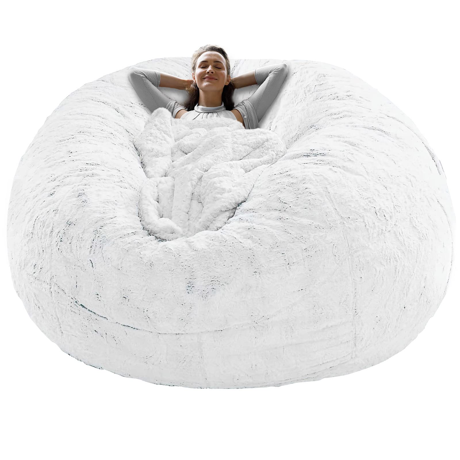 RAINBEAN 6ft White Bean Bag Chair Cover Only (Not Full Bean Bag) - Soft Fluffy PV Velvet Replacement Slipcover for Round Chair Cushion, Sofa Bed Cover - Perfect for Living Room, Bedroom, Dorm or Game Room Furniture
