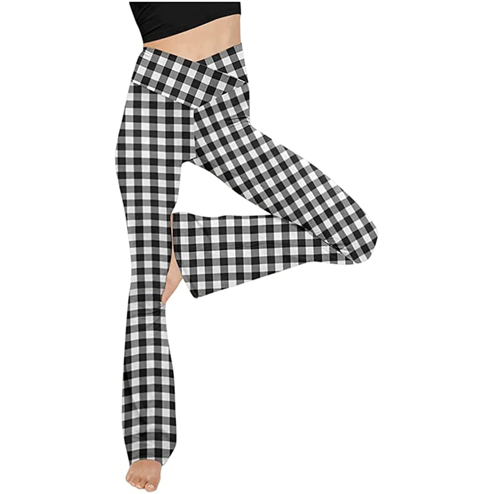 iZZZHH Women's Plaid Yoga Pants - High Waisted Tummy Control Workout Leggings with Stretch Flare Leg Design | Perfect for Yoga, Gym, Running & Casual Wear